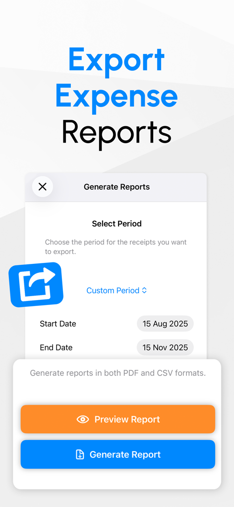 The app screen for generating and exporting expense reports in PDF and CSV formats with a date range selector.