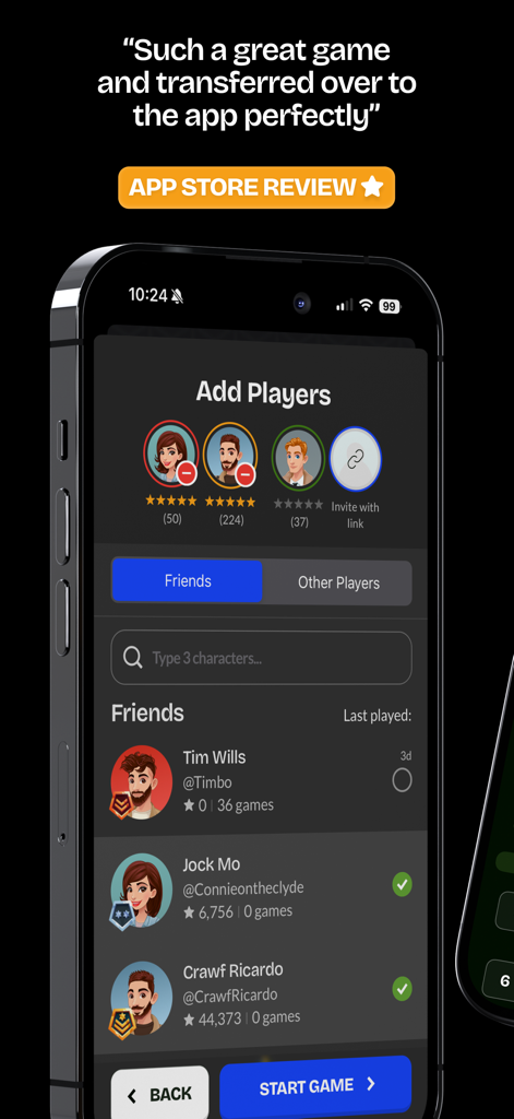 Tela móvel mostrando a interface de adicionar jogadores e lista de amigos para o aplicativo do jogo de tabuleiro Uckers