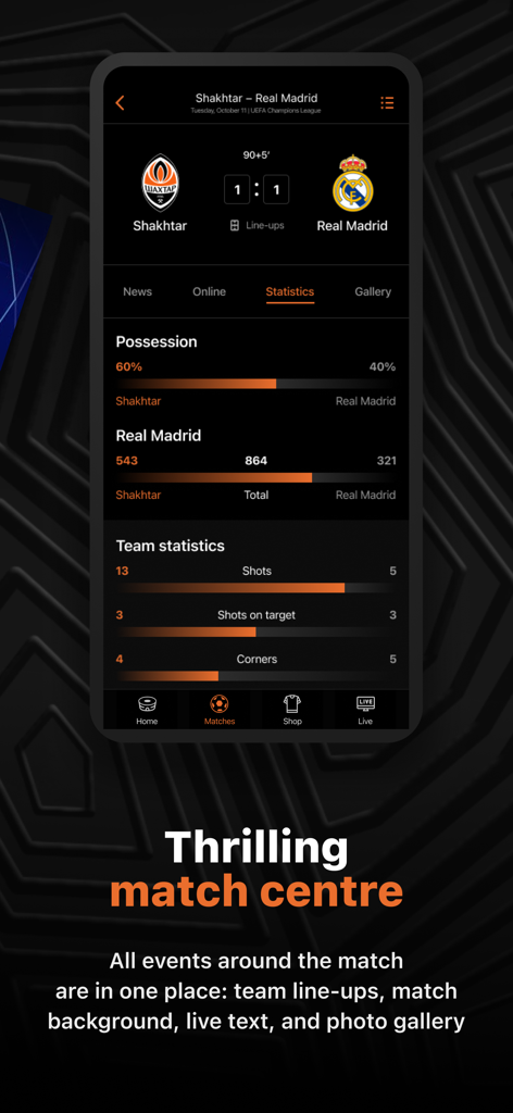 FC Shakhtar - FC Shakhtar app match centre screen showing live game statistics and possession rates for a football match