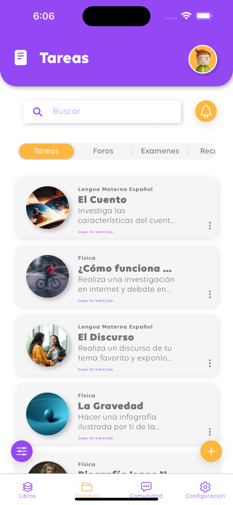 LBS Plus app tasks screen showing a list of school assignments for subjects like Spanish and Physics
