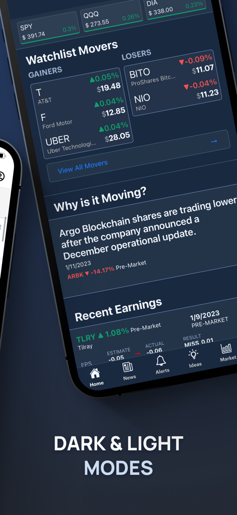 Benzinga app interface in dark mode displaying stock watchlist movers and market analysis news