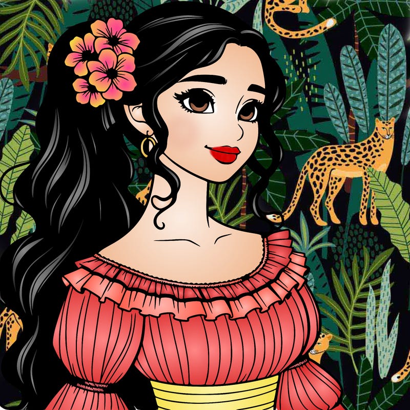 a single latina woman with a side ponytail and a long dress with ruffles. she has a few discreet flowers in her hair. realistic