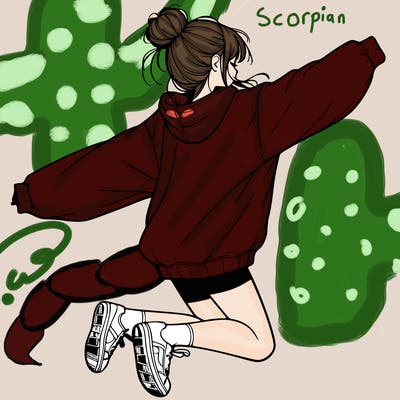 realistic girl jumping with a bun and oversized sweatshirt