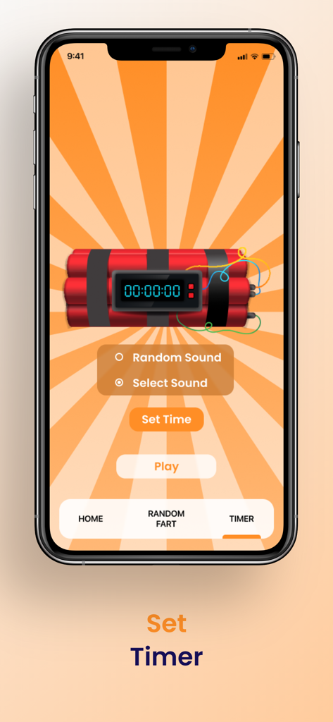 Whoopee Cushion Sound - Timer interface of the Whoopee Cushion Sound app showing a dynamite bomb graphic to schedule prank sounds.