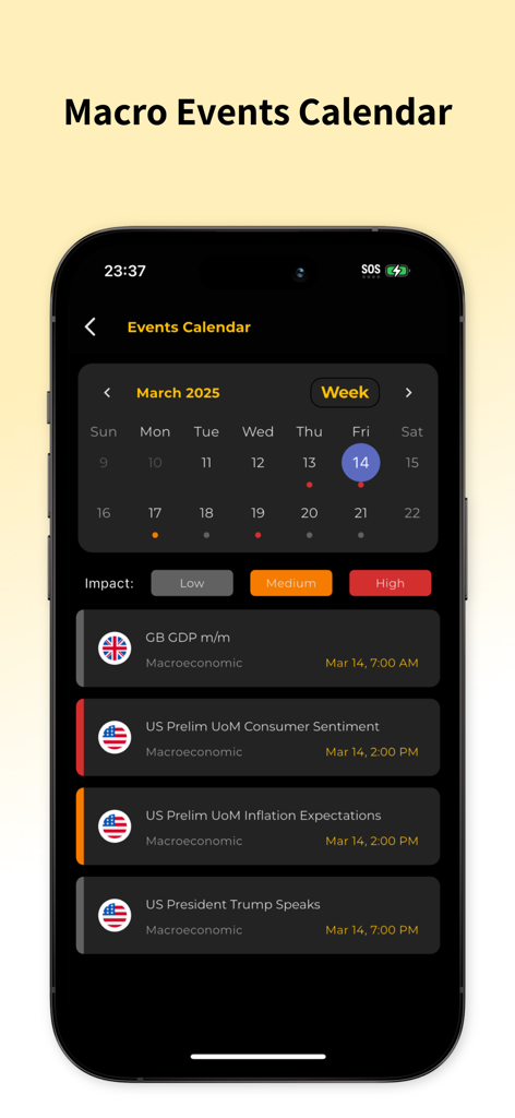 Cryptoniteアプリのマクロイベントカレンダー画面。今後の経済レポートとその市場への影響レベルが表示されています。