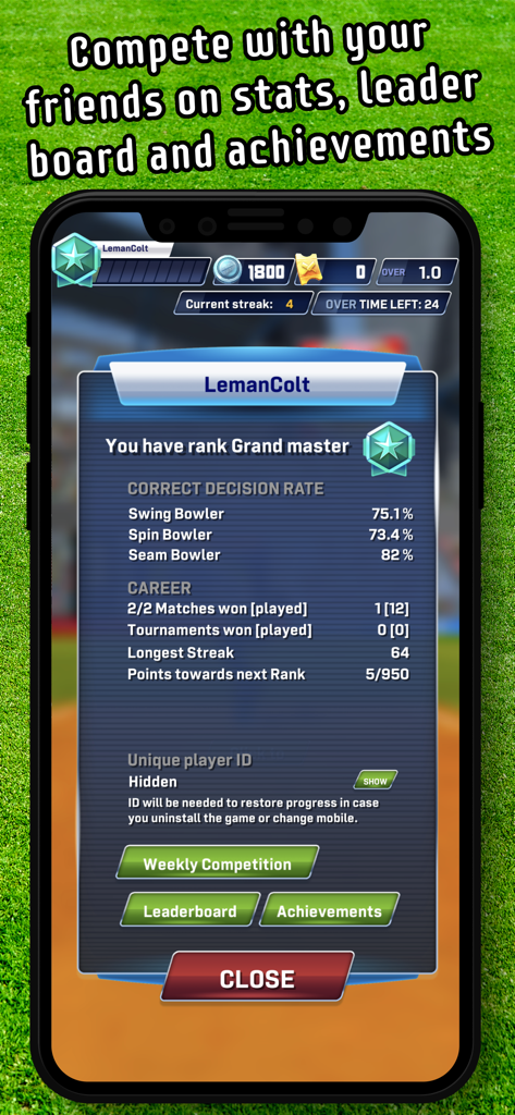 Cricket LBW - Umpire's Call - A mobile app screenshot showing the player profile with cricket umpire stats, rank, and leaderboard buttons.
