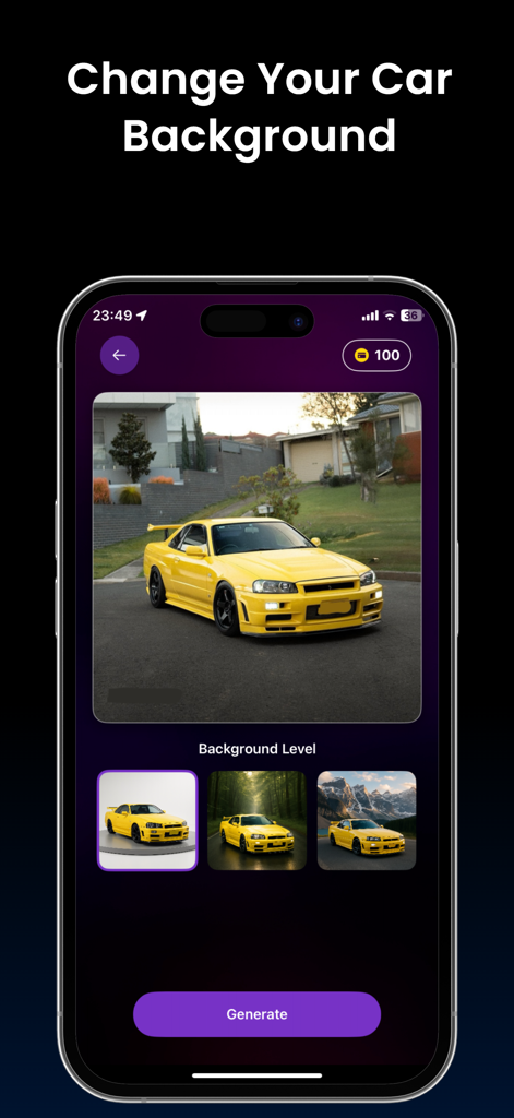 Car AI: Modification Editor - A mobile app interface showing a yellow sports car with several AI-generated background options including a forest and mountain range