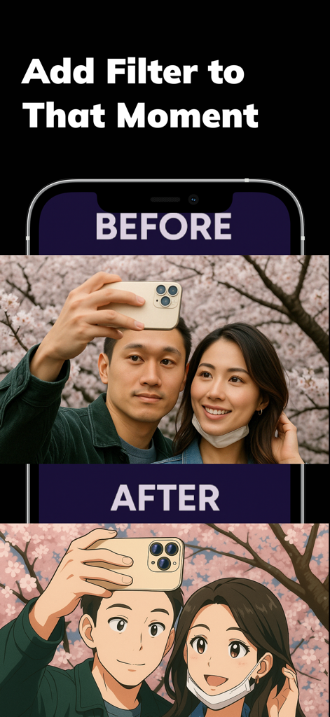 AI Japanese Anime Generator - Before and after comparison showing a couple's selfie transformed into Japanese anime art.