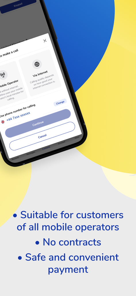 Moremins app screenshot showing virtual number call options and contract free service benefits
