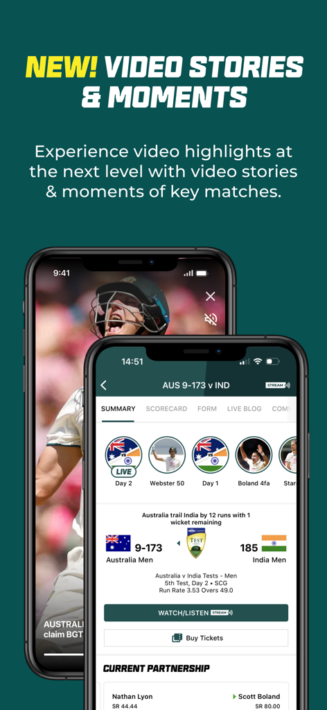 Cricket Australia Live - Cricket Australia Live app interface showcasing new video stories and live match scores for Australia vs India
