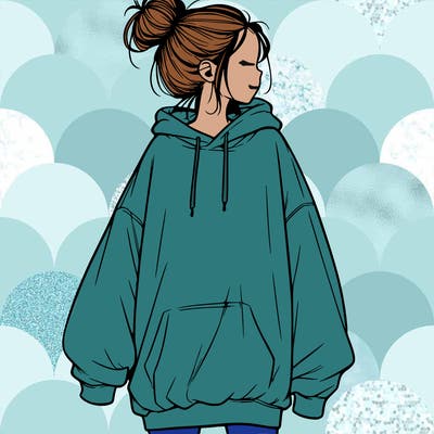 realistic girl with a oversized sweatshirt on and a bun