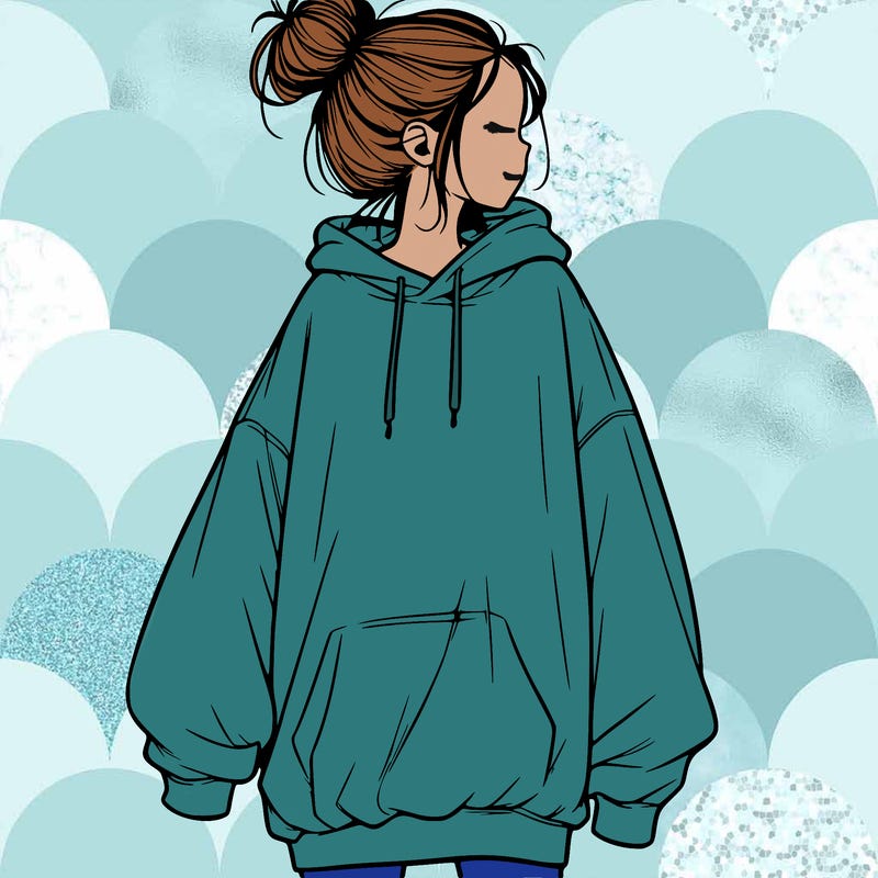 realistic girl with a oversized sweatshirt on and a bun