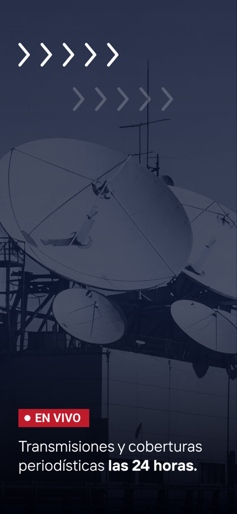 Pantalla de cobertura de noticias en vivo de la app TN con antenas parabólicas de fondo