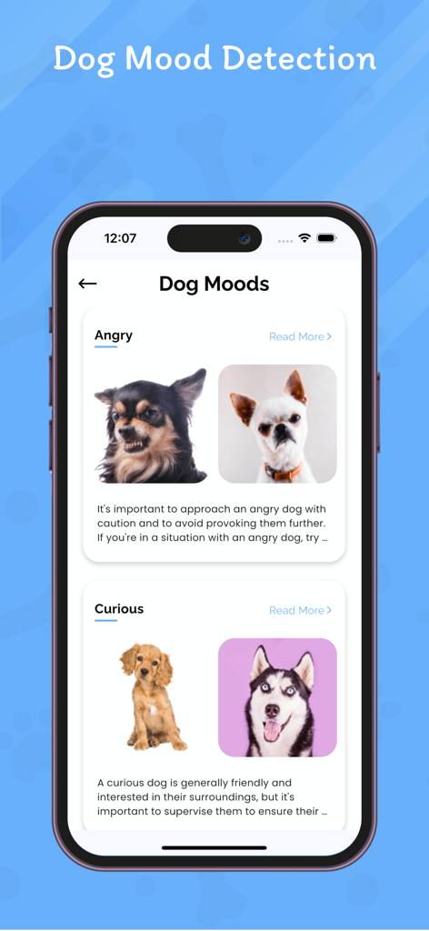 Dog Identifier: AI Dog Scanner - Mobile app screen displaying dog mood detection for angry and curious emotions with photo examples.