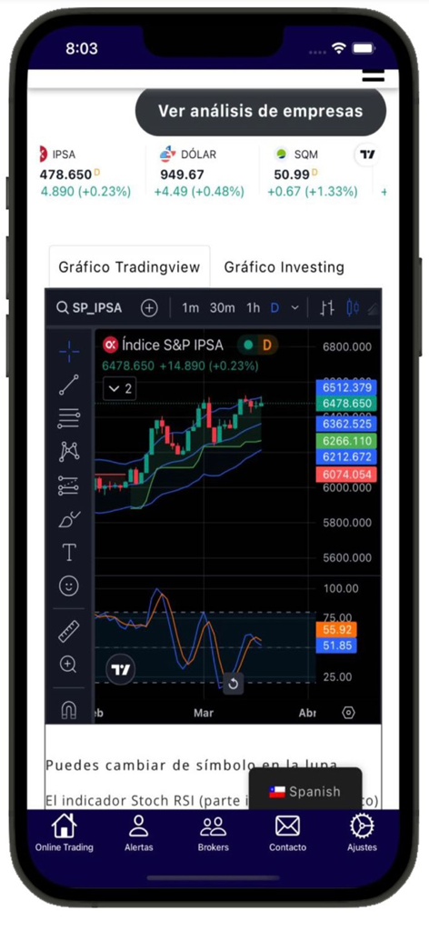 Trading EF - Trading EF mobile app displaying technical analysis charts and stock market data for the IPSA index.
