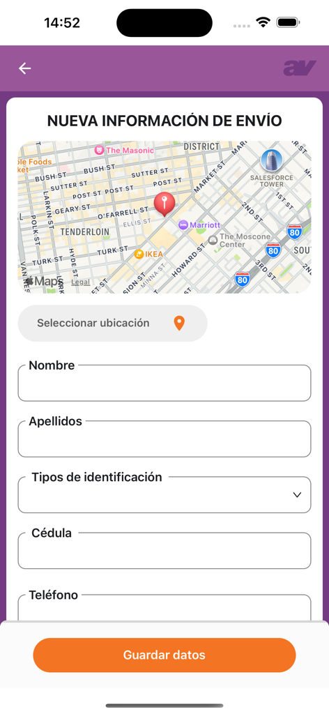 Dos Pinos APP - Nuevo formulario de información de envío en la app Dos Pinos con mapa y campos de contacto.