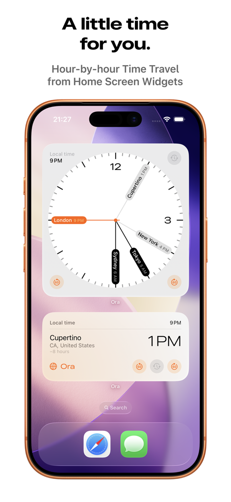 Ora: World Clock - Ora World Clock widgets on an iPhone home screen displaying multiple global time zones