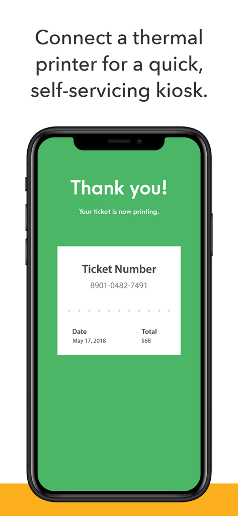 Tela de smartphone mostrando a confirmação de impressão de um bilhete para um quiosque de autoatendimento