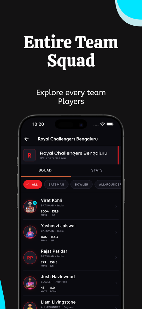 Aplicación CrickTrack mostrando la plantilla del equipo Royal Challengers Bengaluru y estadísticas de jugadores