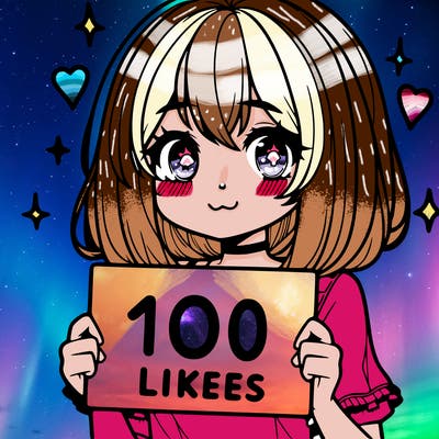 anima girl holding a 100 likes sign in her hand