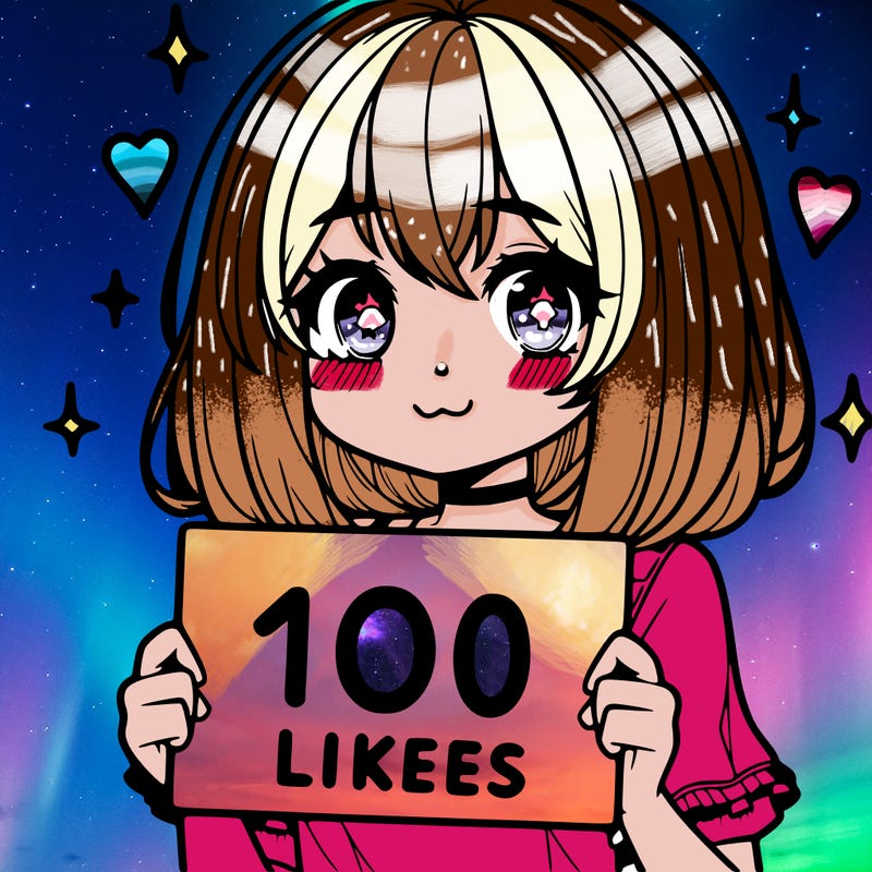 anima girl holding a 100 likes sign in her hand