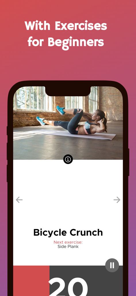 Workouts For Hourglass Figure - Mobile app interface showing a bicycle crunch exercise for beginners