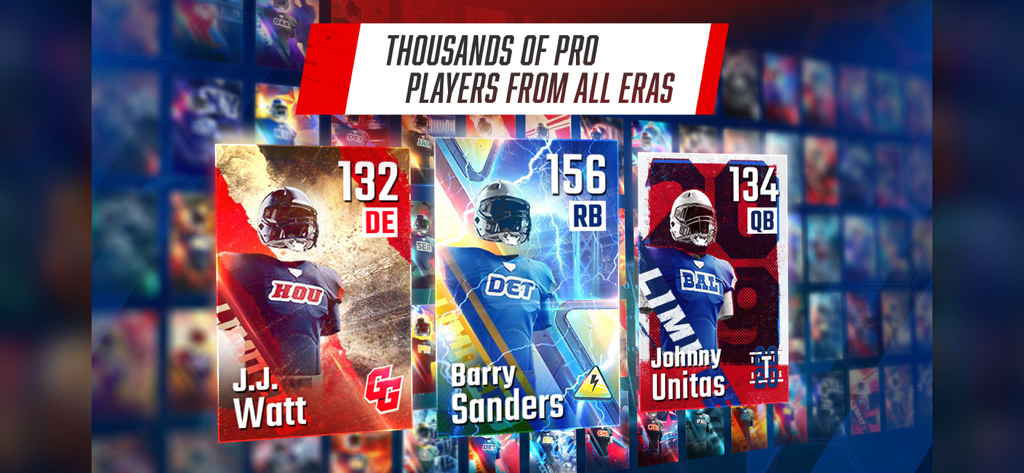 Digital player cards for legendary football players like J.J. Watt, Barry Sanders and Johnny Unitas in the Franchise Football Pro GM mobile game