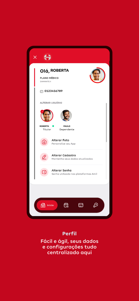 Santa Helena Saúde - Santa Helena Saude app user profile screen displaying account settings and dependent selection