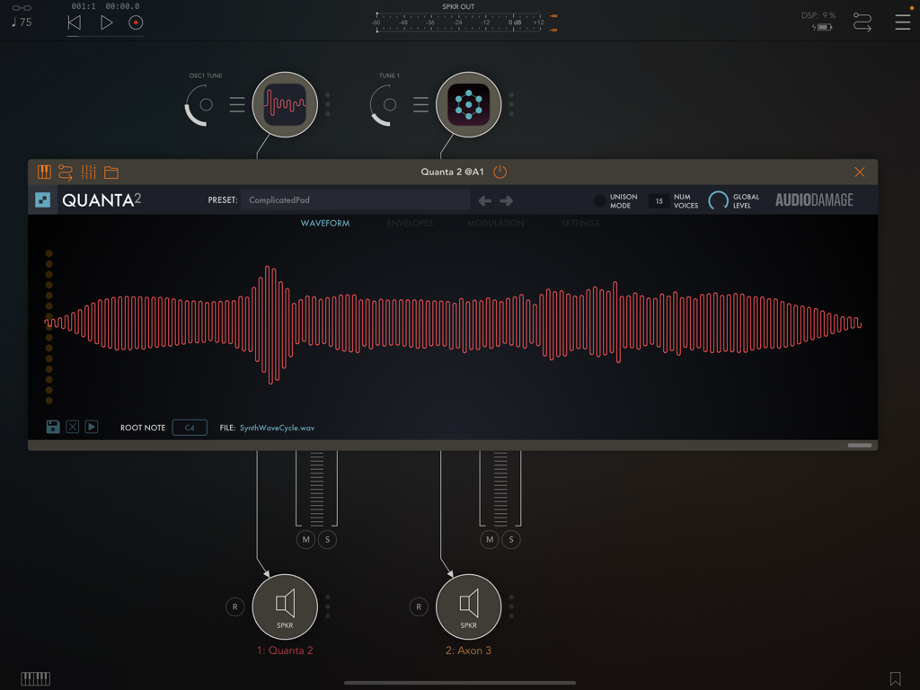 Quanta 2 granular synthesizer interface showing a red audio waveform and sound design parameters on an iPad.