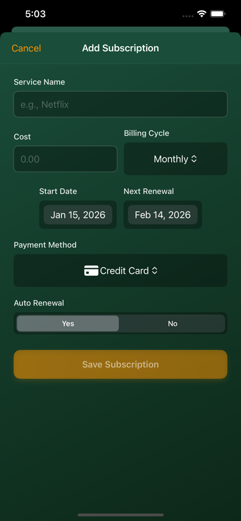 Subscription Killer - The add subscription screen in the Subscription Killer app with input fields for service name cost and renewal date