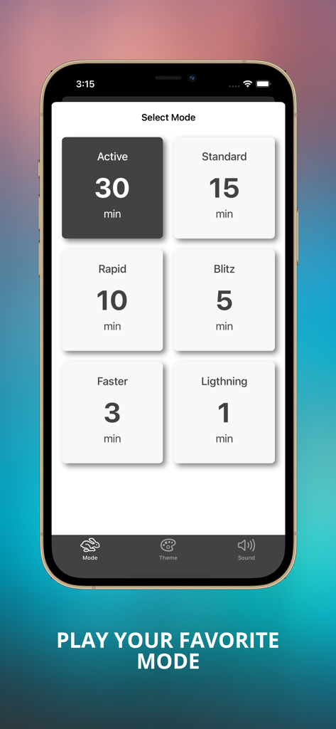 Chess Timer - Game Clock - Pantalla móvil que muestra varios modos de control de tiempo de ajedrez como Blitz y Rápido