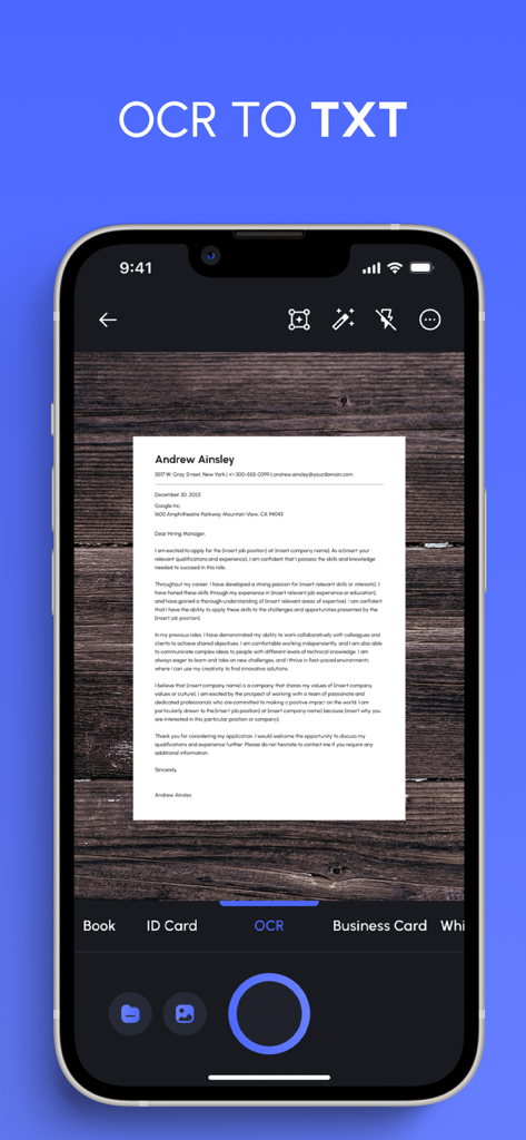 The PDF Scanner, PDF editor HQ - Smartphone interface displaying the OCR to text conversion feature scanning a document