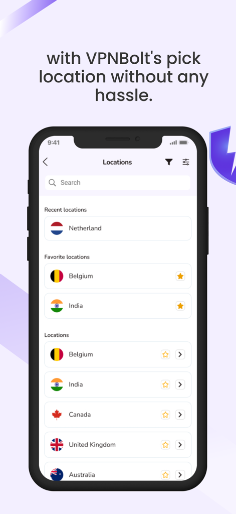 VPNBolt - VPNBolt app interface on iPhone showing a list of international server locations with flags and search bar