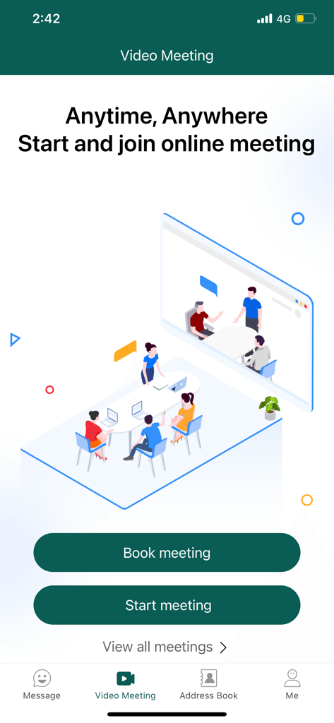 Lao G-Chat - Lao G-Chat mobile App Video-Meeting-Oberfläche zeigt Optionen zum Buchen oder Starten eines Online-Meetings mit einer isometrischen Illustration einer digitalen Konferenz.