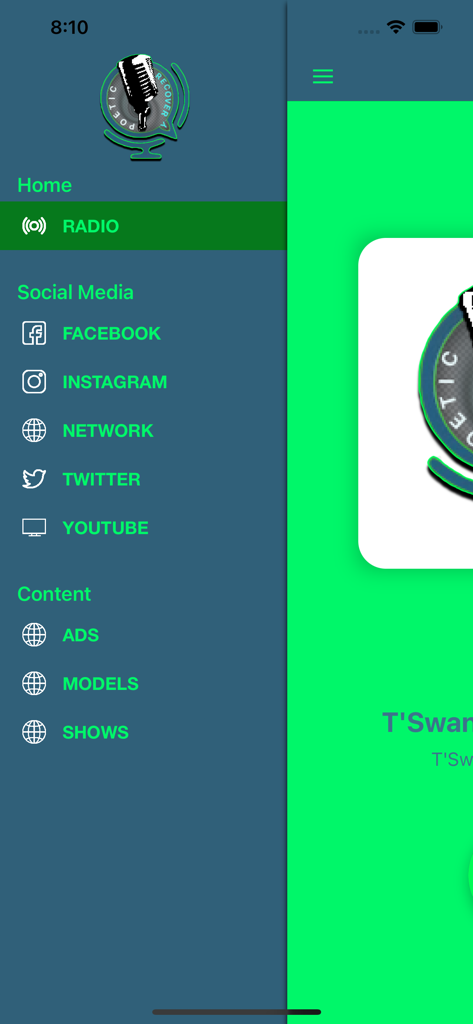 POETIC RECOVERY RADIO - Side navigation menu of the Poetic Recovery Radio app displaying links to live radio social media profiles and content categories
