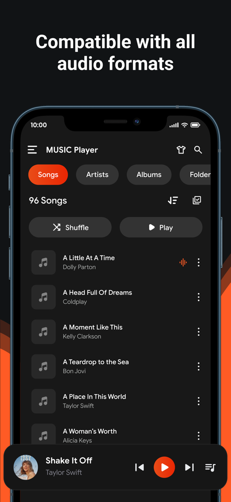 mp3 songs - Play Music - Smartphone screen showing the mp3 songs app interface with a list of songs and categories like artists and albums