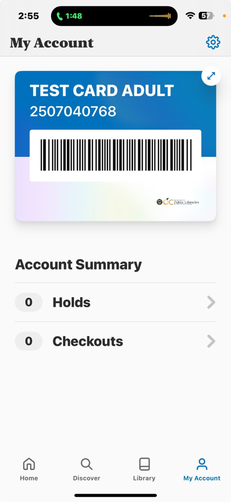 A digital library card with barcode and account summary in the MyOCPL Mobile app