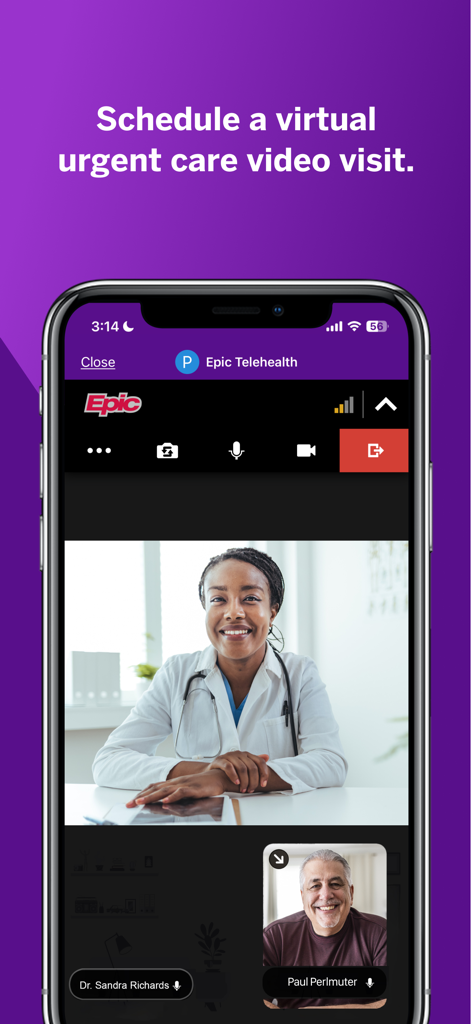A patient having a virtual urgent care video visit with a doctor on the NYU Langone Health app.