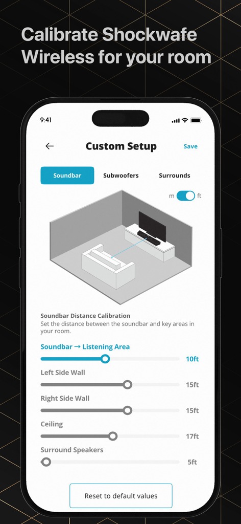 Una pantalla de smartphone mostrando la página de configuración personalizada de la App de Control Remoto Nakamichi con controles deslizantes de calibración de sala y una visualización 3D de la sala para la colocación de la barra de sonido