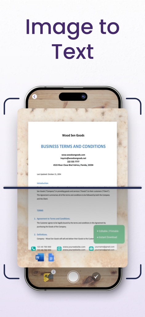 Text Scanner OCR App: OCR Scan - A smartphone using the Text Scanner OCR app to scan a business terms and conditions document for image to text conversion.