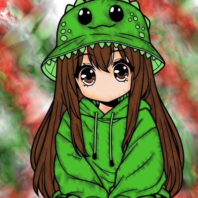 girl with anime shaped eyes with a dinosaur bucket hat oversized sweatshirt long straight hair