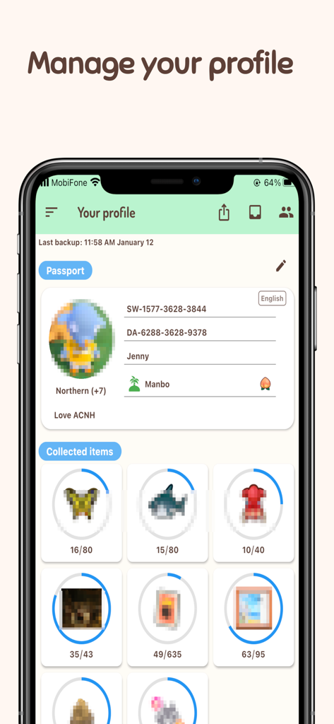 Ani Guide for Animal Crossing - User profile screen in Ani Guide for Animal Crossing showing character passport and item collection progress trackers.