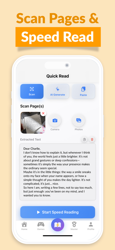 Speed Readingo: Read Faster - Mobile app interface of Speed Readingo showing the scan pages and speed read feature with extracted text from a scanned document.