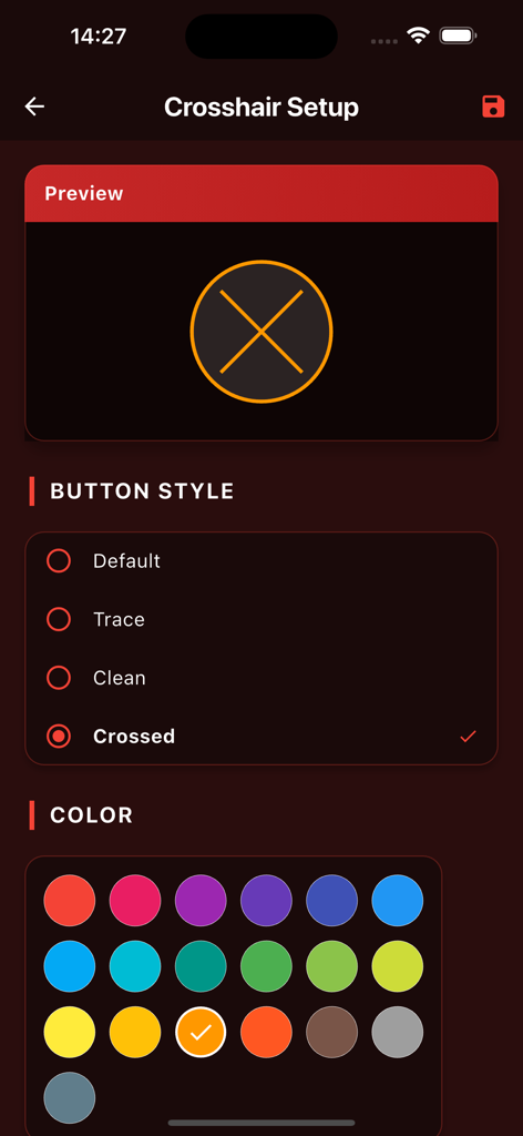 Crosshair customization interface showing different button styles and a color selection palette for gaming precision