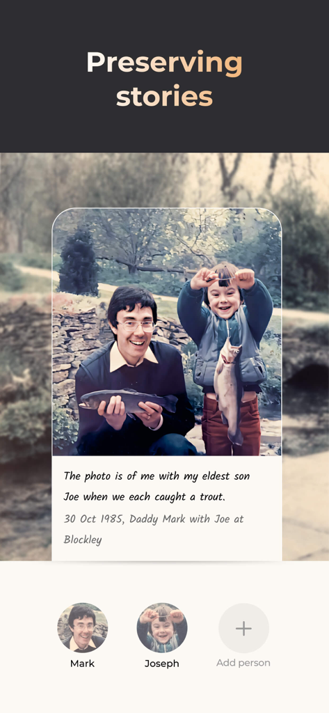 Une photo de famille numérisée avec un souvenir manuscrit et les membres de la famille identifiés dans l'application Photo Scanner Plus.