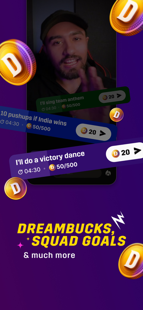 Dream11: Sports Watch Along - Captura de pantalla de la aplicación Dream11 que muestra una transmisión en vivo con desafíos interactivos del creador y monedas DreamBucks.
