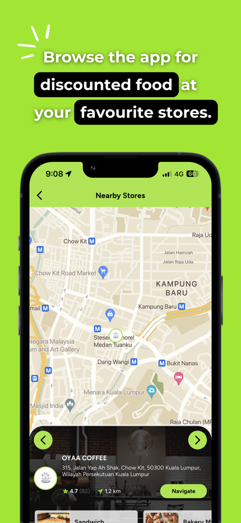 ReMeal app screen showing a map of nearby stores for discounted surplus food.