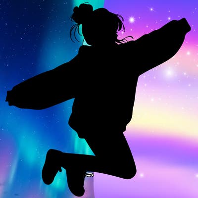 realistic girl jumping with a bun and oversized sweatshirt