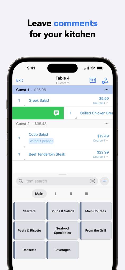 Screenshot der iikoWaiter App-Oberfläche, der zeigt, wie man spezifische Kochkommentare für die Küche hinterlässt, z.B. ohne Pfeffer