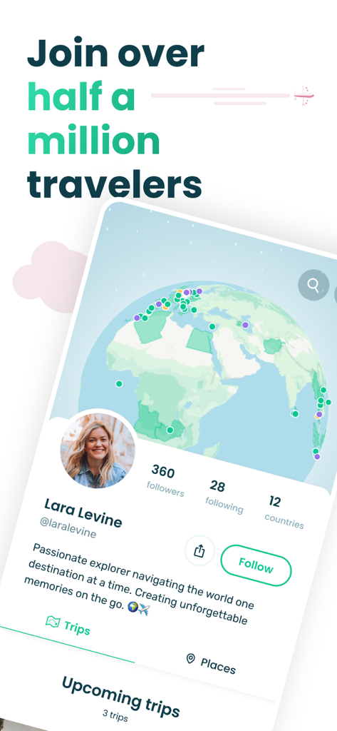 Oberfläche des Stippl-Benutzerprofils, die eine Weltkarte mit besuchten Ländern und persönlichen Reisestatistiken anzeigt.